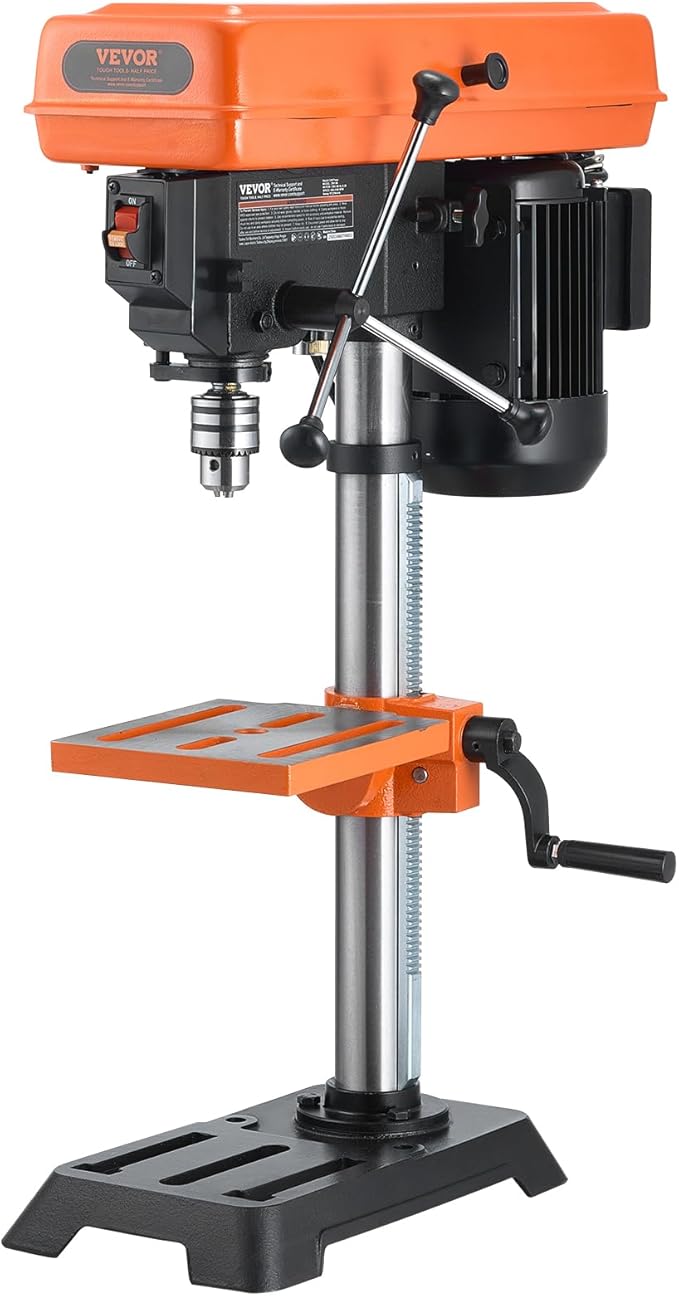 VEVOR 10 in Benchtop Drill Press, 6.2A Induction Motor, Tabletop Drilling Machine with 610/940 / 1500/2150 / 2800 RPM Adjustable Speed, 0-45° Tilting Worktable, LED Work Light, for Wood Metal