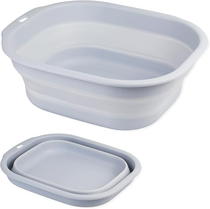 Collapsible Wash Basin Set of 2, Foldable Small Medium Size Wash Basin, Portable Plastic Basins for Laundry, Bottles, Travel, Camping (Light Blue)