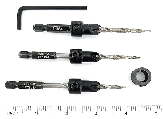 FTG USA Adjustable Wood Countersink Drill Bit Set 3 Pc #8 (11/64"") with Tapered Drill Bit for Woodworking