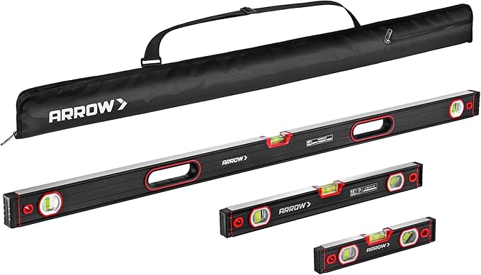ARROW 3-Piece Spirit Level Set Included 9"/16"/48" Level with 45°/90°/180° Bubbles, Carrying Bag, Aluminum Alloy Body, Precision-Machined Base & Shockproof Rubber End Caps for Construction, Carpentry