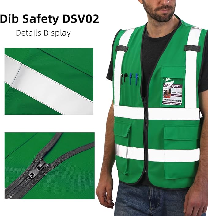 Dib Safety Reflective Vest High Visibility with Pockets and Zipper, Green S