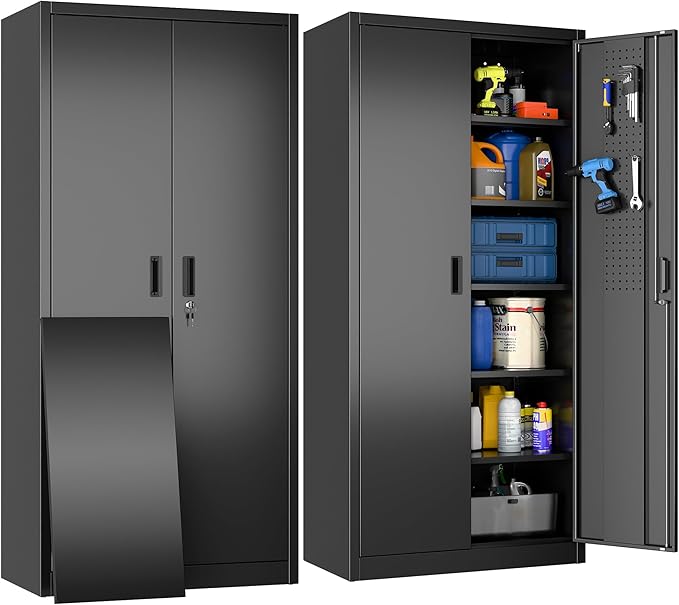 Metal Storage Cabinet with Pegboard 71'' x 34'' x 18'',Lockable Steel Storage Cabinet with 5 Adjustable Shelves and Door for Garage, Office, Kitchen, Assembly Required(Black)