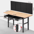 Workbench for Garage 60 x 22 Inch Adjustable Height Work Table with Drawers Heavy Duty Rubberwood Tabletop Work Bench with Pegboard, Power Outlets for Office Home Commercial