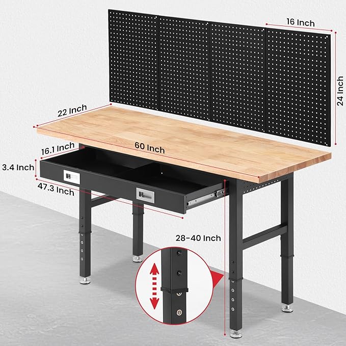 Workbench for Garage 60 x 22 Inch Adjustable Height Work Table with Drawers Heavy Duty Rubberwood Tabletop Work Bench with Pegboard, Power Outlets for Office Home Commercial