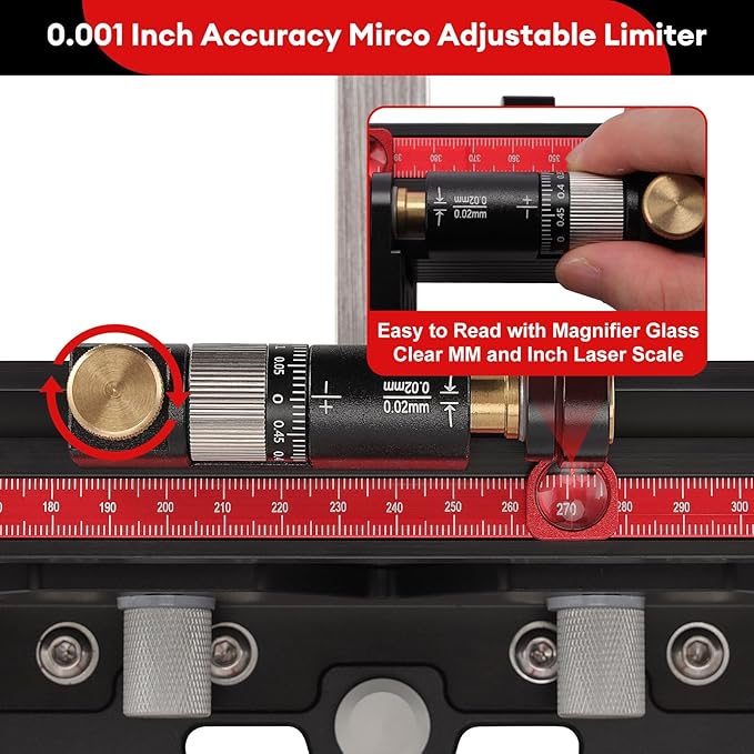Table Saw Miter Gauge, Precision Miter Gauge with Fine Adjustable Limiter Flip Stop/Angle Stops/Extendable Fence, Fit Standard Slot 3/4" x 3/8", Aluminum Alloy Table Saw Miter Gauge Fence
