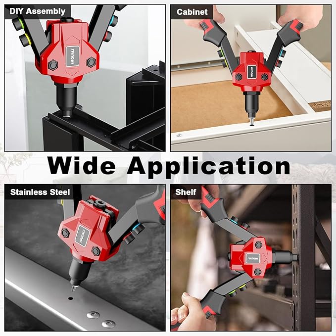 Rivet Gun Kit, Pop Rivet Gun Tool with 400 Rivets & 5 Nosepieces, 80 Pcs Aluminum Rivets for Each Rivet Head Size, 9.5'' Heavy Duty Manual Two-Handed Riveter Tool for Metal, Leather and Plastic, IM20