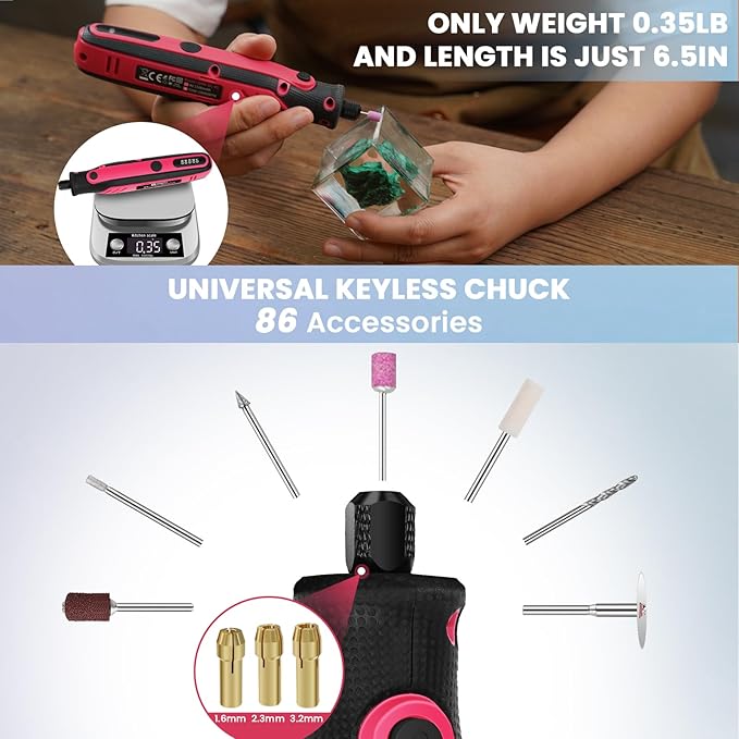 HARDELL Mini Cordless Rotary Tool, 5-Speed Rotary Tool Kit with 69 Accessories, 4V Power Rotary Tool for Cutting, Engraving, Sanding, Drilling, Polishing, Small Wood Carving tool or DIY Crafts（Pink)