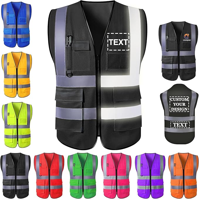 Custom Safety Vest for Men with Logo Pockets Personalized High Visibility Protective Workwear with Reflective Strip