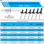 smseace 800pcs Black Pop Rivets with Large Flange Rivets Assortment Kit 7-Sizes Black Rivets with Large Head(1/8" 3/16" 1/4") 8-Sizes Small Rivets (3/32" 1/8" 5/32" 3/16") Pop Rivets Assortment kit