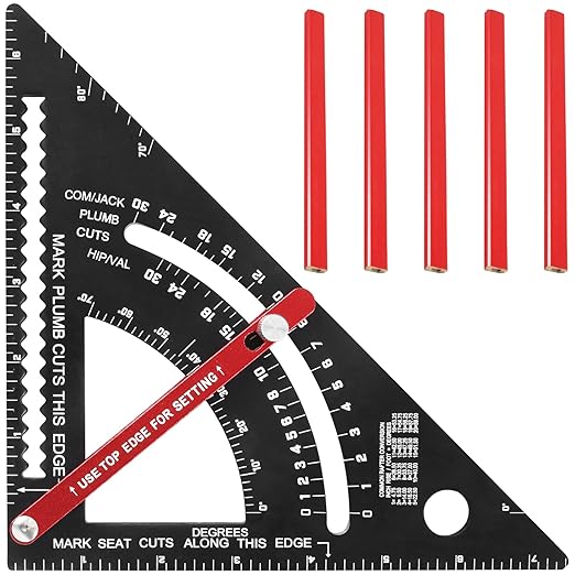 7 inch Carpenter Square, Woodworking Triangle Ruler Set, CNC Aluminum Alloy Framing Square, Adjustable Angle Carpentry Triangle Ruler, Multifunction Carpenter Square Protractor with 5 Pencils