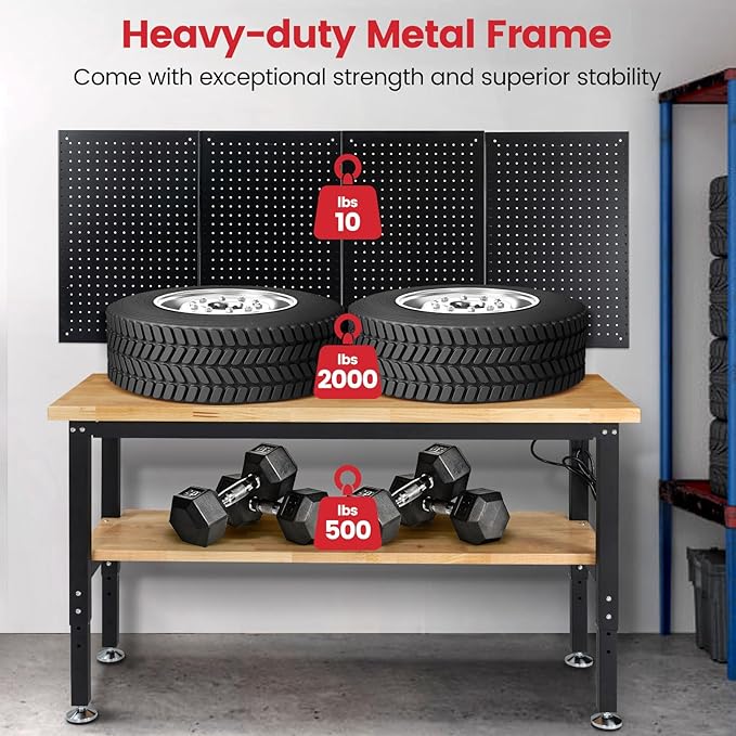 Work Table for Garage 60 x 22 Inch Adjustable Height Workbench Heavy Duty Rubberwood Tabletop Work Bench with Power Outlets Pegboard Pad for Woodworking Shop, Home, Office
