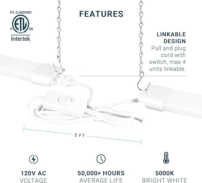 PARMIDA (10 Pack) Linkable LED Utility Shop Light, 45W, 3FT Integrated Fixture ETL 4500LM Plug-in Garage Lighting On/Off Switch, Surface or Suspension Mount for Basement Workshop Office, White - 5000K