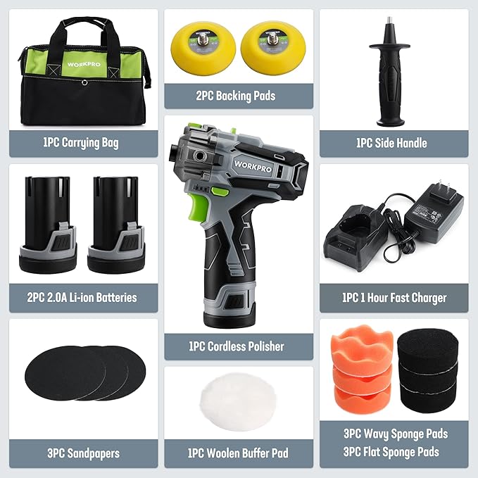 WORKPRO 12V Cordless Polisher, 3" Mini Car Detailing Buffer & Sander Machine Kit with 2 Li-Ion Batteries, Variable Speed Trigger for Auto/DIY Polishing/Sanding/Waxing