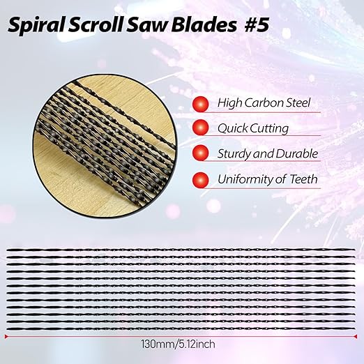 Spiral Scroll Saw Blades 5 Inch Plain End, #5 Fast Wood Cutting, Scrollsaw Blades for Sawing Cutting Wood