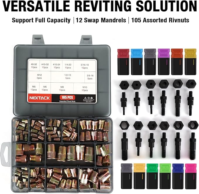 Heavy Duty Rivet Nut Tool Kit, 16" Auto Release Nut Rivnut Tool with 12 SAE & Metric Mandrels & 105 Nurserts, Threaded Riveter Tool Setter in Rugged Carrying Case NT800