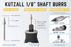 Kutzall Original Taper Rotary Burr, 1⁄8" Shaft, Fine - Wood Carving Bit for Dremel, Foredom, DeWalt, Milwaukee. Abrasive Tungsten Carbide, 1⁄4" (6.3mm) Head Dia. X 1⁄2" (12.7mm) Length, T-14-EG