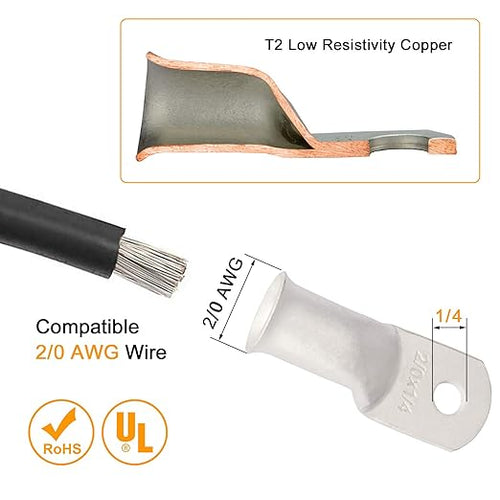 00 Gauge Tinned Copper Lugs 10 PCS 2/0 AWG - 1/4'' Cable Lugs Wire Lugs UL Listed 00 AWG Wire Lugs Battery Cable Ends 10 PCS Heavy Duty Closed End Crimp Copper Lugs with 10 PCS 3:1 Heat Shrink Tubing