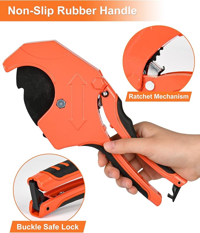 PVC Pipe Cutter with Replacement Blade, Cuts up to 2-1/2”, Heavy Duty Aluminum Ratcheting PVC Cutter Tool for Cutting PVC CPVC PP PEX PPR PE Plastic Pipe Cutter Hose Tube Exhaust Pipe Cutter