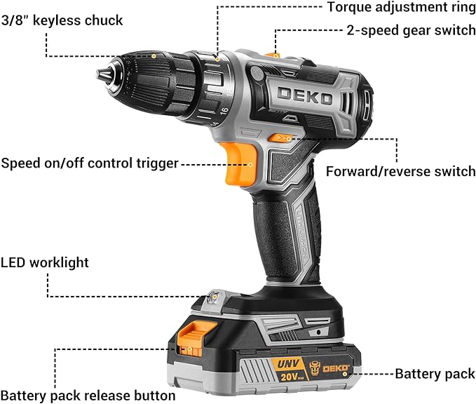 Power Drill Cordless: DEKO PRO Cordless Drill 20V Electric Power Drills Set Tool Drills Cord-less Set with Battery and Charger
