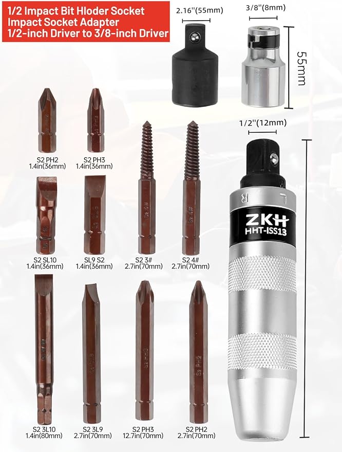 ZKH 3/8" Hand Impact Screwdriver, 1/2" Manual Reversible Impact Driver Includes 10-Piece S2 Steel Slotted, Phillips, Screw Extractor Bit Set for Removing Damaged, Frozen, Rusted Screws and Fasteners