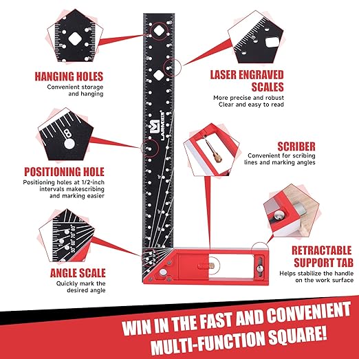 Rafter Square 7 Inch and Framing Square 12 Inch Carpenter Square Set, Woodworking Square Tool, Aluminum Squares Metal Ruler for Woodworking