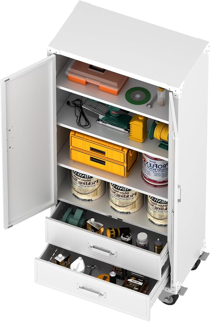 Aobabo Metal Storage Cabinet with 2 Large Drawer, Lockable Steel Storage Cabinet with 3 Adjustable Shelves, for Home, Office, Garage, Classroom, White, Assembly Required