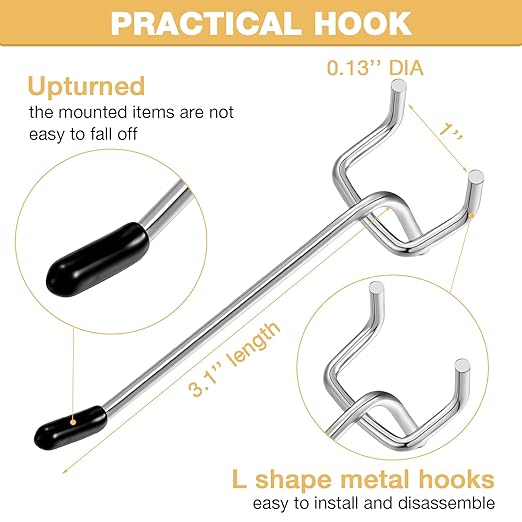 Moxweyeni 100 Pcs Pegboard Hooks Peg Board Organizer Accessories Holders Hanging Stainless Steel Display Wall Hooks for 1/8 and 1/4 Pegboard Wall for Garage Storage Tools(4 Inch)