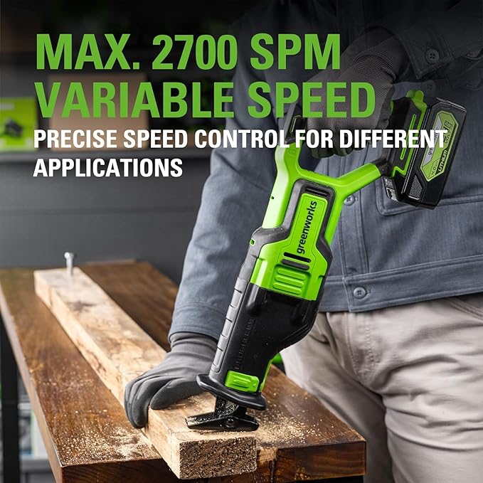 Greenworks 24V Reciprocating Saw,Cordless,Brushless,1.1"(28 mm) Stroke length,2700 SPM,4.0Ah USB Battery and Charger Included