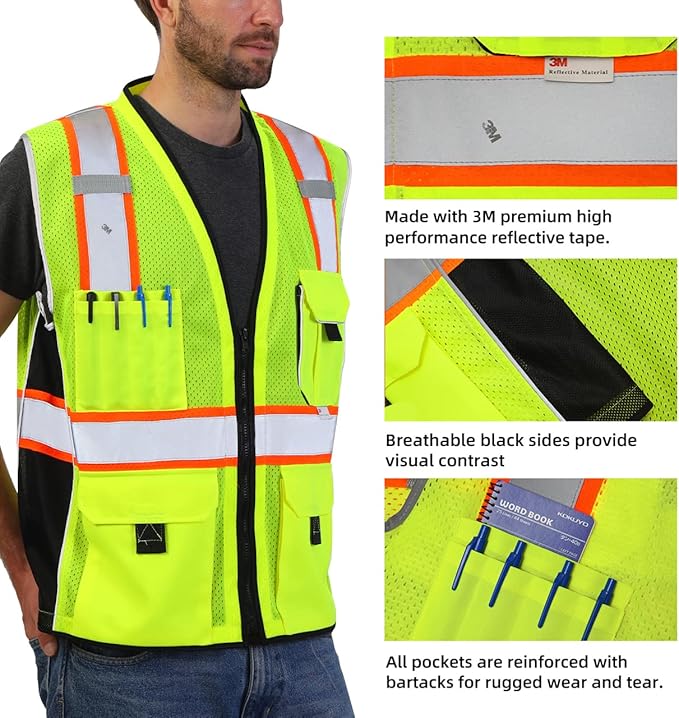 Dib Safety Vest Reflective Yellow Mesh, High Visibility Vest with Pockets and Zipper, ANSI Class 2 Heavy Duty, Made with 3M Reflective Tape S