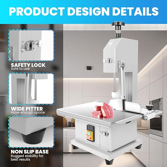 1800W Commercial Electric Bone Saw Machine, 0-7.8 Inch Cutting Thickness, 2.8HP Frozen Meat Cutter 110V Bandsaw Machine, 15" x 20" Table Sawing for Frozen Meat Rib Pork Beef with 8 Saw Blades