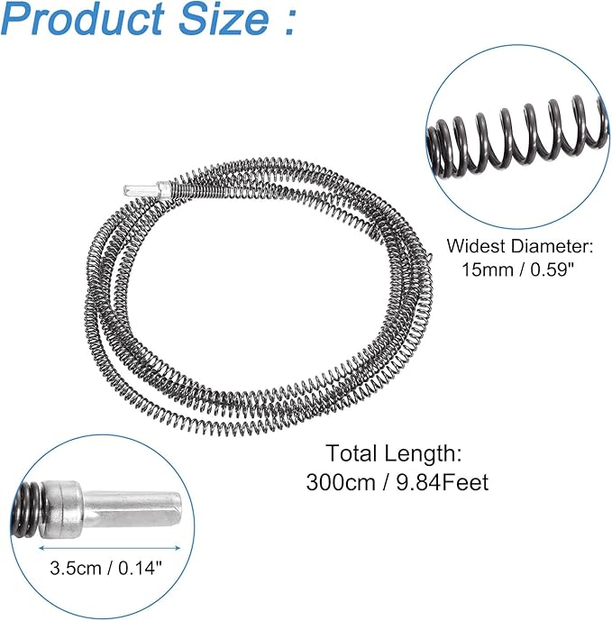 uxcell 9.84Ft Drain Auger Cable, Pipe Cleaning Spring Clog Remover, Flexible Plumbing Snake Pipe Drain Cleaner for Kitchen, Shower Sink