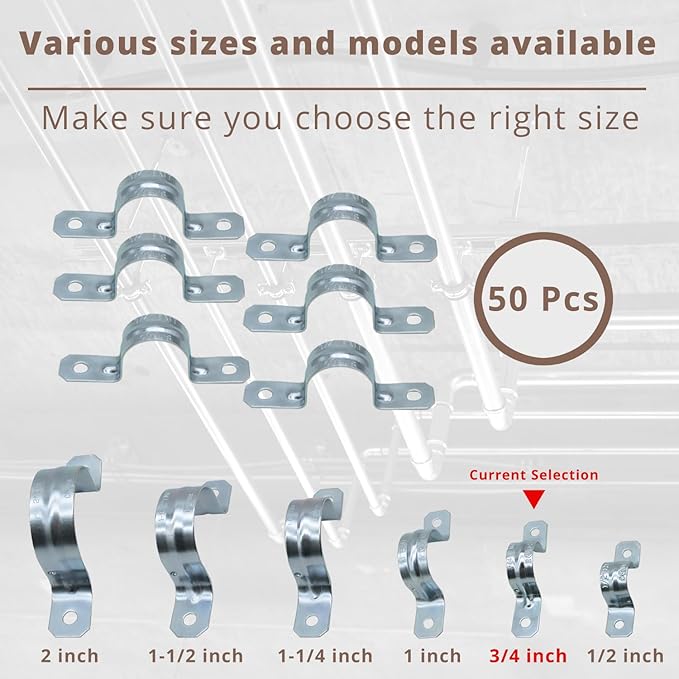 3/4 Inch 50PCS Pipe Clamps, 2 Holes U Bracket, Zinc-Plated Steel Straps,2 Hole Electrical Conduit Straps, Secure Mounting for EMT Conduit (50PCS)