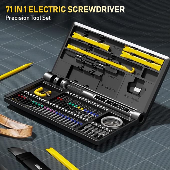 Small screwdriver set,71 in 1 electric screwdriver cordless with LED light,5 torque settings,MAX 0.6Nm,42 magnetic bit set,Crowbar and tweezers,Pc multi tool kit,Laptop,Phone repair kit