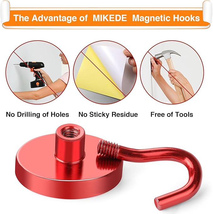 MIKEDE Strong Magnetic Hooks, 110Lbs Heavy Duty Magnetic Hooks for Cruise, Neodymium Earth Magnets with Hooks for Hanging, Super Metal Magnetic Hanger for Grill, Storage (Red,10 Pack)