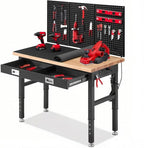 Work Bench for Garage 48 x 24 Inch Adjustable Height Workbenches with Drawers Heavy Duty Rubberwood Tabletop Work Table with Pegboard, Power Outlets for Office Home Commercial
