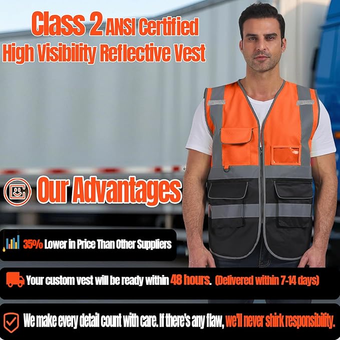 BeautyWill Custom Safety Vest Customized Logo Class 2 High Visibility Reflective Vest with Pockets Construction workwear