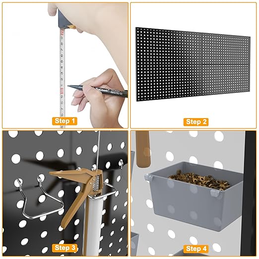 4x2ft Metal Pegboard Kit for Tools Storage, Black Pegboard Wall Organizer with Hooks and Pegboard Bins