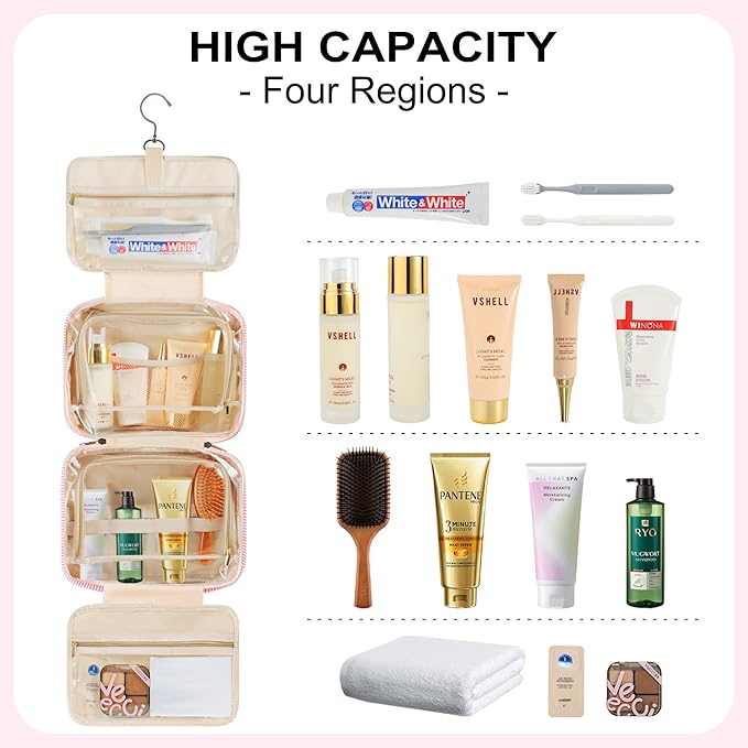 TOPEAST Hanging Toiletry Bag - Large Capacity Personalized Travel Bag for Women, Cruise Ship Essentials - Letter S, Pink