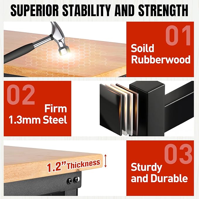 48" L×24”W Adjustable Workbench with Wheels, 28”-40”Height Heavy Duty Table 2000 LBS Load Capacity, Work Bench with Power Outlet & Pegboard, Rubber Wood Work Table for Garage, Office, Workshop