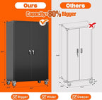 Aobabo Extra Large Cabinet on Wheels, Metal Storage Cabinet with Pegboards, Steel 2 Handles Locking Doors and Adjustable Shelves, for Garage Office, Black, 43.3''W x 21.6''D x 72''H, Assembly Required