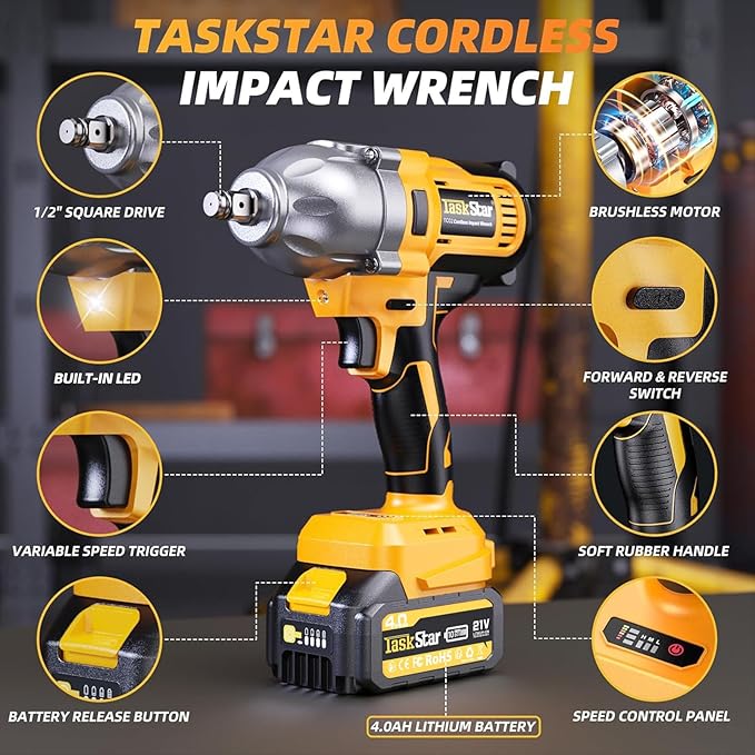 Cordless Impact Wrench 1/2 Inch, 1200N·m(886ft・lbs) Brushless High Torque Impact Gun, 21V Electric Impact Driver, 2x4.0Ah Batteries, Charger & 6 Sockets, Variable Speeds for Car/Truck RV/Mower