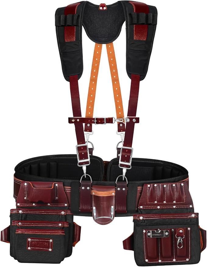 FUERI Tool Belt With Suspender Men Carpenter Pouches Construction Bags Electrician Belts Framer Worker Pouch Bag Holder Organizer 26 Pocket Nylon Leather Maroon Professional Set - Extra Large