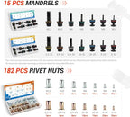 Rivet Nut Tool 16” RIV Nut Tool Kit with 15 Metric & SAE Mandrels, 182pcs Rivnuts Nutserts Kit and Rugged Carrying Case, One Rivnut Tool Kit Meet All Your Needs