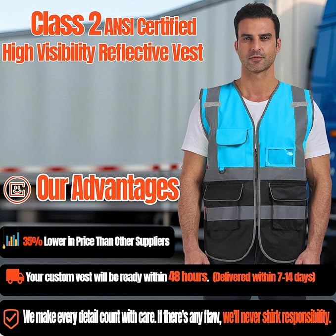 BeautyWill Custom Safety Vest Customized Logo Class 2 High Visibility Reflective Vest with Pockets Construction workwear
