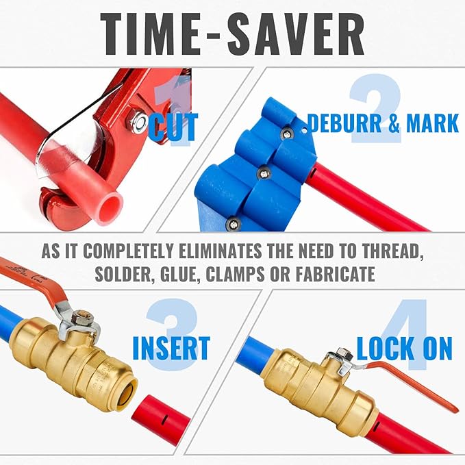 Shut Off Ball Valve 3/4 Inch, SUNGATOR 3/4 Inch Ball Valve, Push-to-Connect Water Shutoff, No Lead Brass Push Plumbing Fittings for PEX Pipe, Copper, CPVC, Pack of 1