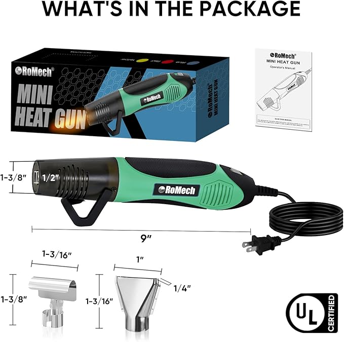 ROMECH 350W Heat Gun with 2 Nozzles, Dual Temp Heat Gun 400°F-660°F, Fast Heat Hot Air Gun with Overload Protection for DIY Craft Embossing Shrink Wrapping (Green)