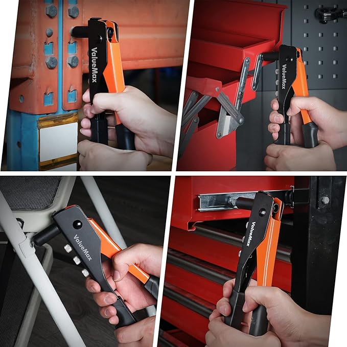 ValueMax 4-in-1 Hand Riveter/Rivet Gun, Pop Rivet Tool Kit with 200 Rivets - 3/32-inch, 1/8-inch, 5/32-inch, 3/16-inch, 4 Interchangeable Nosepieces, Suitable for Metal