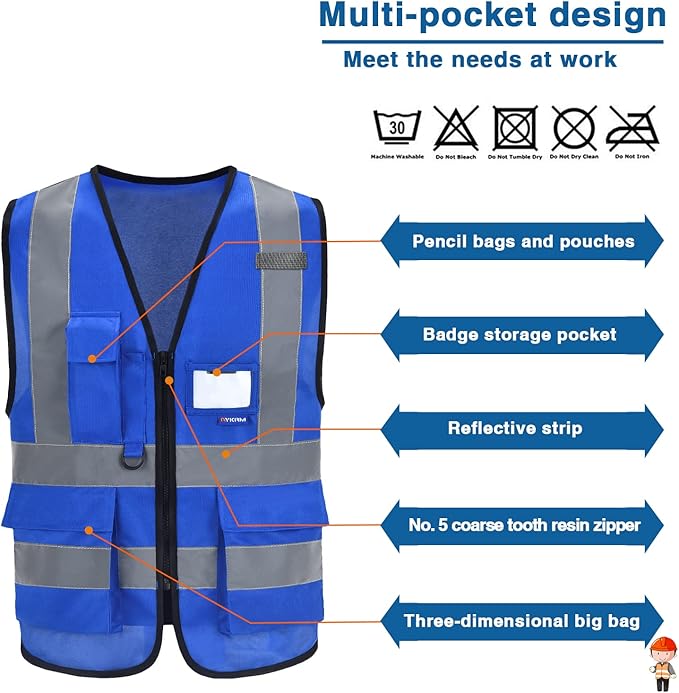 Big and Tall Blue Safety Vest 6xl 7xl 8xl Reflective Work Vest blue 7 Pockets,6XL-8XL