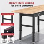 Workbench for Garage 60 x 22 Inch Adjustable Height Work Table with Drawers Heavy Duty Rubberwood Tabletop Work Bench with Pegboard, Power Outlets for Office Home Commercial