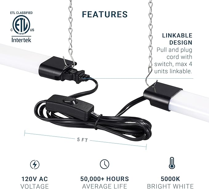 PARMIDA (4 Pack) Linkable LED Utility Shop Light, 45W, 3FT Integrated Fixture ETL 4500LM Plug-in Garage Lighting On/Off Switch, Surface or Suspension Mount for Basement Workshop Office, Black - 5000K